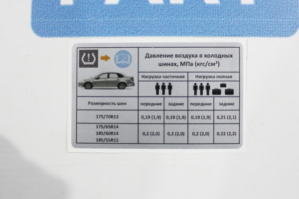 Наклейка информационная о давлении шин Гранта (седан)